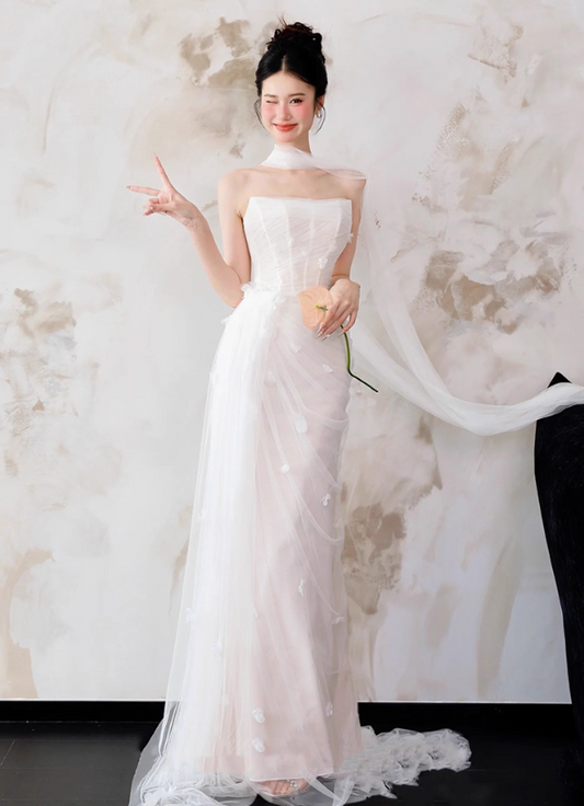 Gorgeous Applique Tulle Strapless Evening Maxi Dress Draped Mesh Overlay Prom Dress AP0822