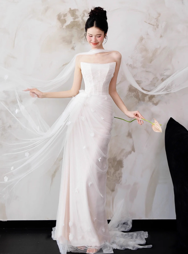 Gorgeous Applique Tulle Strapless Evening Maxi Dress Draped Mesh Overlay Prom Dress AP0822