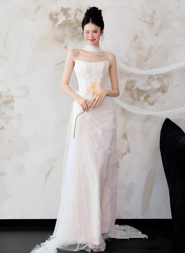 Gorgeous Applique Tulle Strapless Evening Maxi Dress Draped Mesh Overlay Prom Dress AP0822