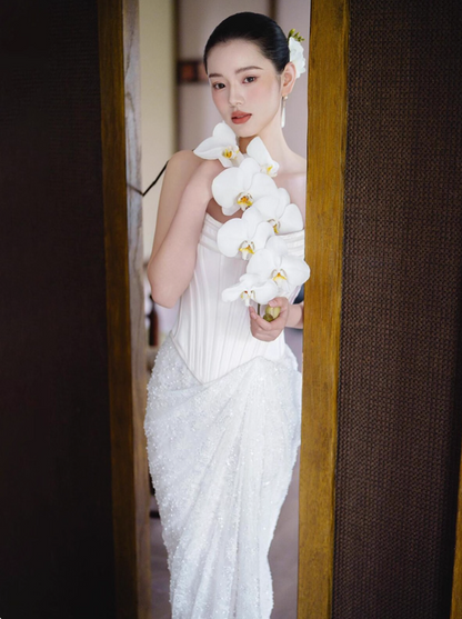 Elegant Lustrous Tulle Splicing Strapless Evening Mermaid Dress Applique Cinched-Waist Prom Dress AP0823