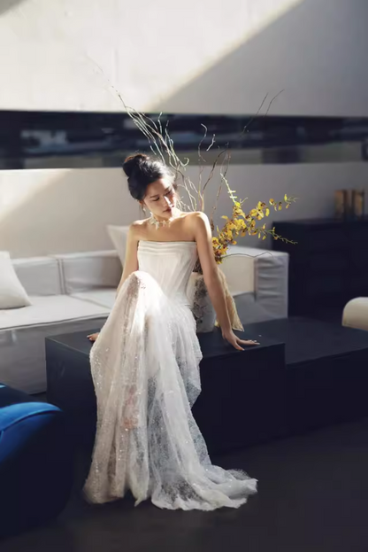 Elegant Lustrous Tulle Splicing Strapless Evening Mermaid Dress Applique Cinched-Waist Prom Dress AP0823