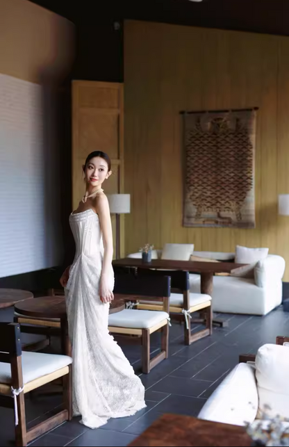 Elegant Lustrous Tulle Splicing Strapless Evening Mermaid Dress Applique Cinched-Waist Prom Dress AP0823