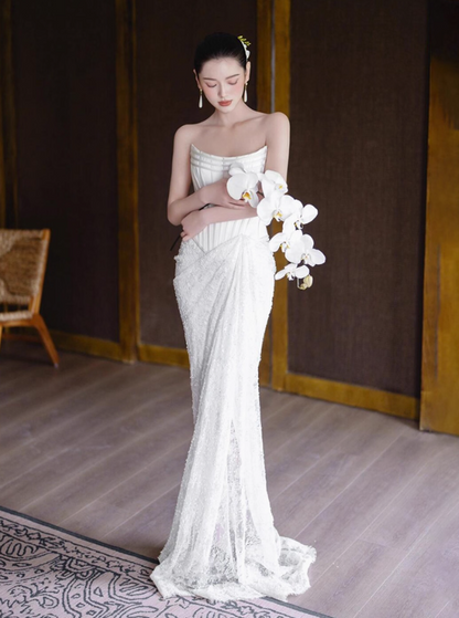 Elegant Lustrous Tulle Splicing Strapless Evening Mermaid Dress Applique Cinched-Waist Prom Dress AP0823