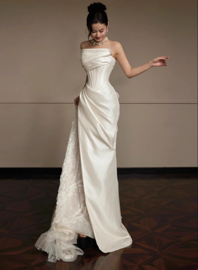 French Lace Light Tulle Splicing Evening Mermaid Dress Strapless Satin Fabric Prom Dress AP0824