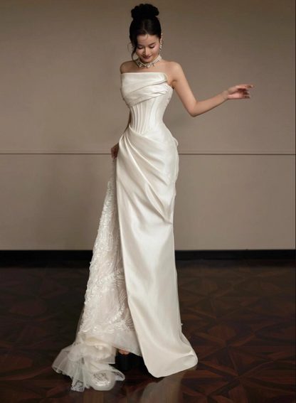 French Lace Light Tulle Splicing Evening Mermaid Dress Strapless Satin Fabric Prom Dress AP0824