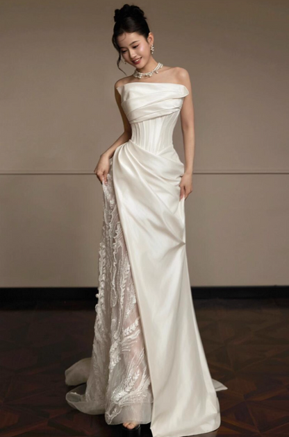 French Lace Light Tulle Splicing Evening Mermaid Dress Strapless Satin Fabric Prom Dress AP0824