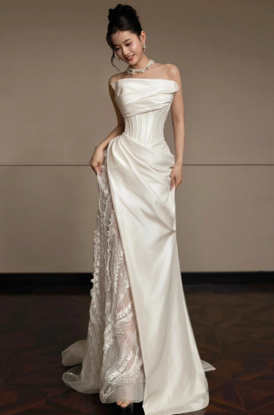 French Lace Light Tulle Splicing Evening Mermaid Dress Strapless Satin Fabric Prom Dress AP0824