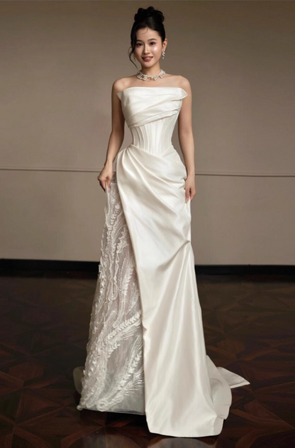 French Lace Light Tulle Splicing Evening Mermaid Dress Strapless Satin Fabric Prom Dress AP0824