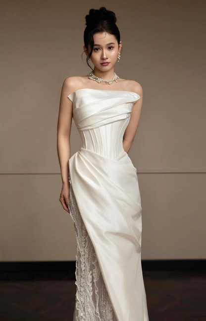 French Lace Light Tulle Splicing Evening Mermaid Dress Strapless Satin Fabric Prom Dress AP0824