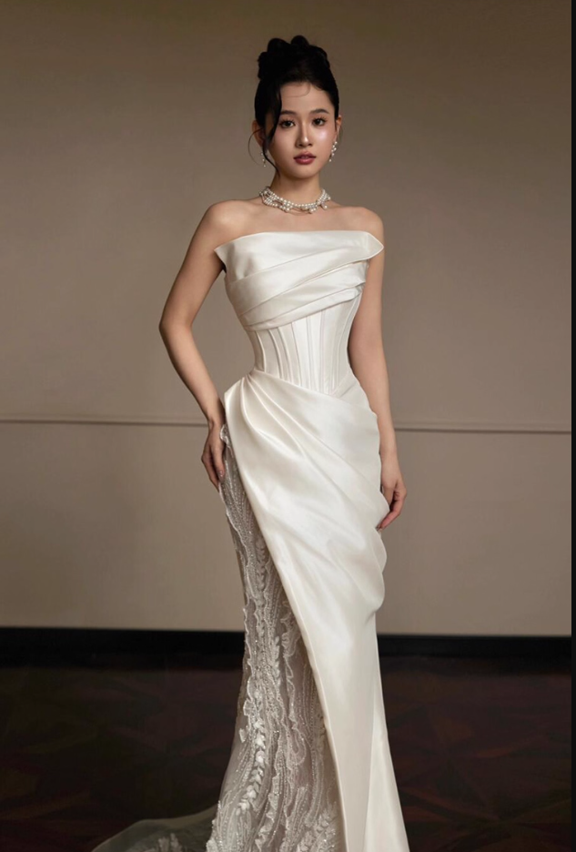 French Lace Light Tulle Splicing Evening Mermaid Dress Strapless Satin Fabric Prom Dress AP0824