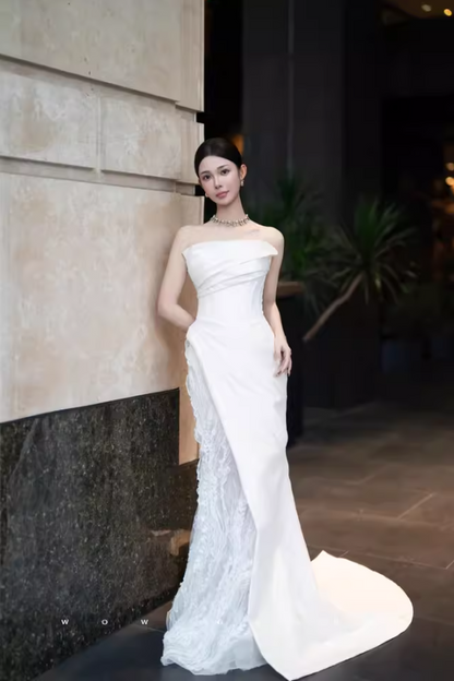 French Lace Light Tulle Splicing Evening Mermaid Dress Strapless Satin Fabric Prom Dress AP0824