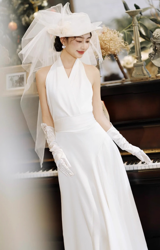 Niche Ivory Satin Fabric Maxi Dress Charming Cinched-Waist Halter Prom Dress AP0825