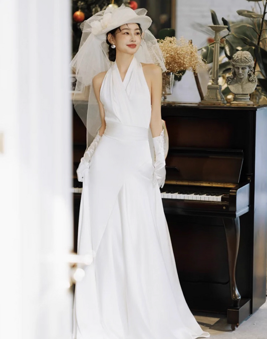 Niche Ivory Satin Fabric Maxi Dress Charming Cinched-Waist Halter Prom Dress AP0825