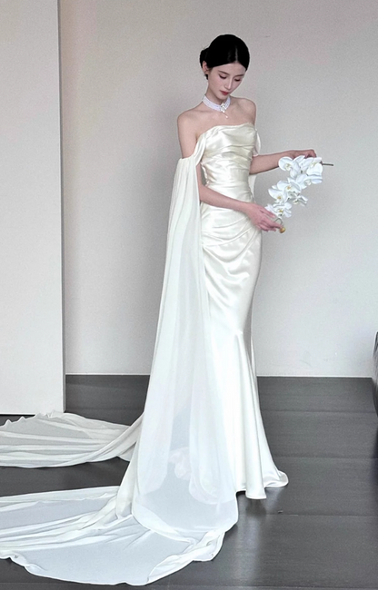 Flowing Cape Sleeve Off-Shoulder Satin Gown-Ruched Bodice Satin Fabric Sheath Prom Dress AP0826