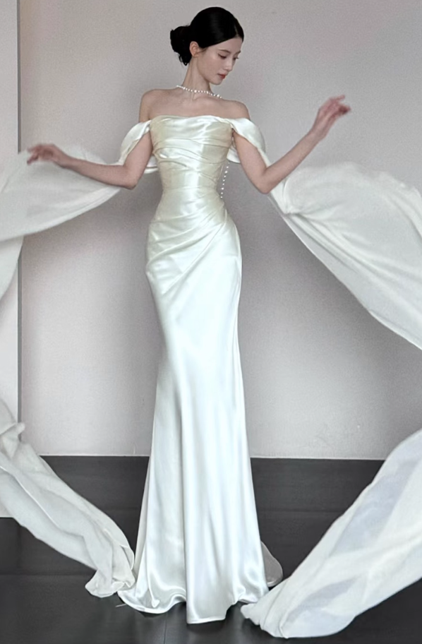 Flowing Cape Sleeve Off-Shoulder Satin Gown-Ruched Bodice Satin Fabric Sheath Prom Dress AP0826