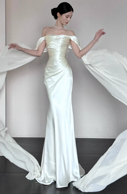 Flowing Cape Sleeve Off-Shoulder Satin Gown-Ruched Bodice Satin Fabric Sheath Prom Dress AP0826