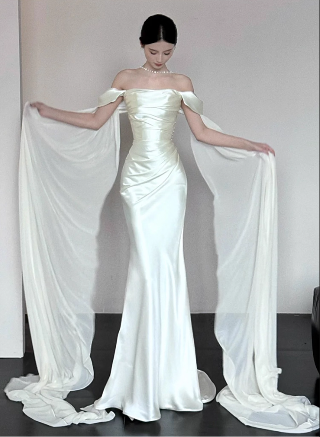 Flowing Cape Sleeve Off-Shoulder Satin Gown-Ruched Bodice Satin Fabric Sheath Prom Dress AP0826