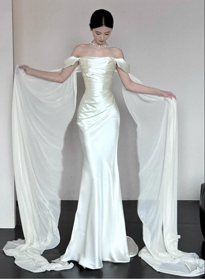 Flowing Cape Sleeve Off-Shoulder Satin Gown-Ruched Bodice Satin Fabric Sheath Prom Dress AP0826