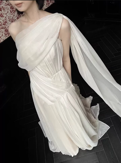 Graceful Asymmetrical One-Shoulder Tulle Layered White Evening Dress Draped Bodice Prom Dress AP0828