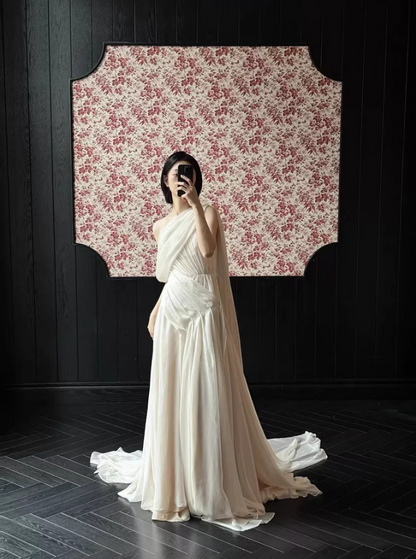 Graceful Asymmetrical One-Shoulder Tulle Layered White Evening Dress Draped Bodice Prom Dress AP0828