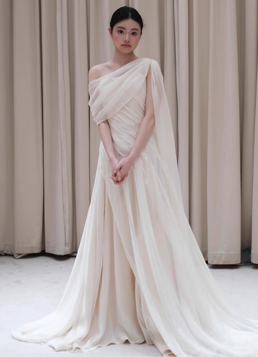 Graceful Asymmetrical One-Shoulder Tulle Layered White Evening Dress Draped Bodice Prom Dress AP0828