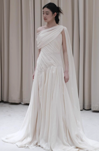 Graceful Asymmetrical One-Shoulder Tulle Layered White Evening Dress Draped Bodice Prom Dress AP0828