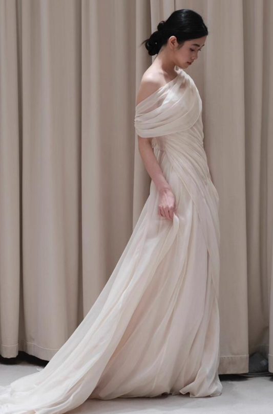 Graceful Asymmetrical One-Shoulder Tulle Layered White Evening Dress Draped Bodice Prom Dress AP0828