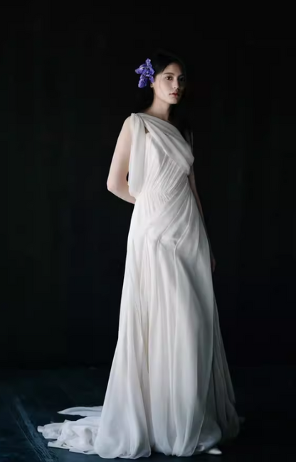 Graceful Asymmetrical One-Shoulder Tulle Layered White Evening Dress Draped Bodice Prom Dress AP0828