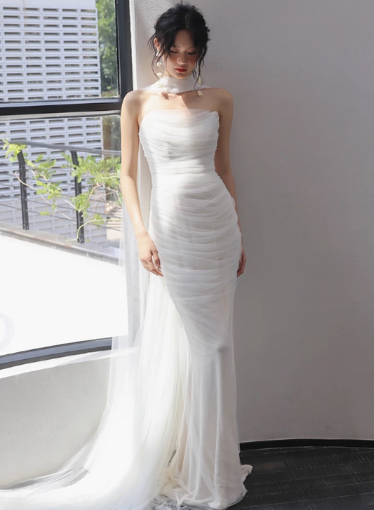 High Quality Tulle Overlay Strapless Mermaid Bodycon Minimalism Evening Prom Dress AP0832