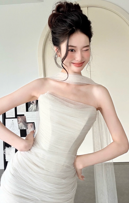 High Quality Tulle Overlay Strapless Mermaid Bodycon Minimalism Evening Prom Dress AP0832