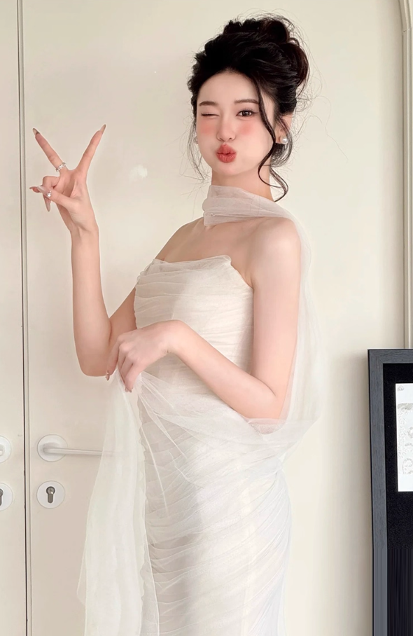 High Quality Tulle Overlay Strapless Mermaid Bodycon Minimalism Evening Prom Dress AP0832