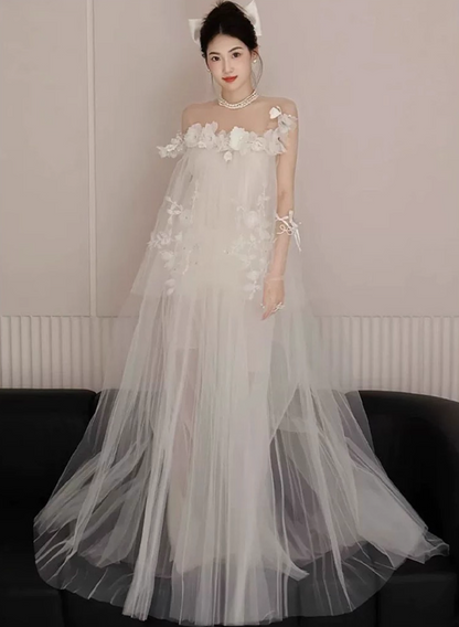 Elegant Layered Asymmetric Tulle Evening Dress Romantic Applique Strapless Prom Dress AP0833