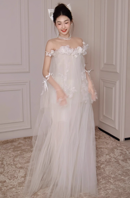 Elegant Layered Asymmetric Tulle Evening Dress Romantic Applique Strapless Prom Dress AP0833