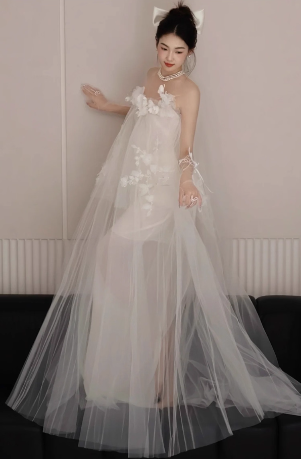 Elegant Layered Asymmetric Tulle Evening Dress Romantic Applique Strapless Prom Dress AP0833