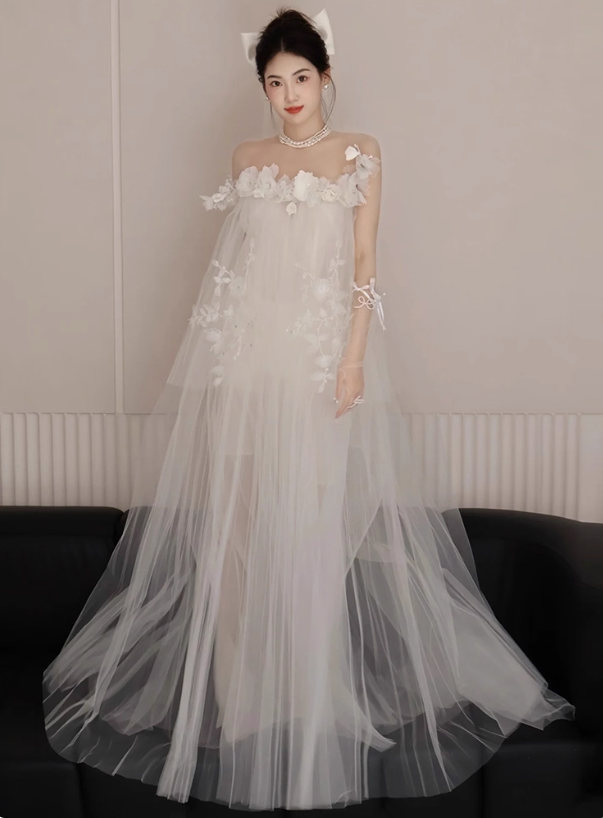 Elegant Layered Asymmetric Tulle Evening Dress Romantic Applique Strapless Prom Dress AP0833