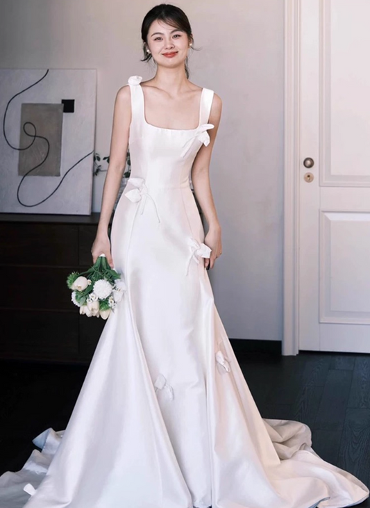 Ethereal Minimalist White Satin Bridal Dress Square - Neck Spaghetti Strap A-Line Wedding Dress AP0834