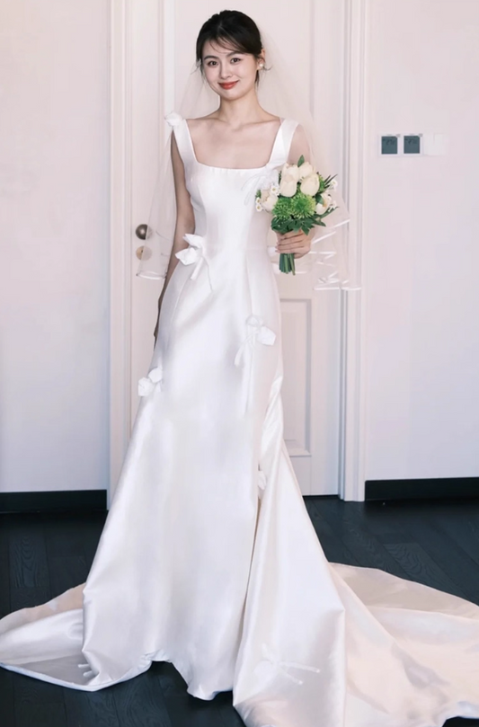 Ethereal Minimalist White Satin Bridal Dress Square - Neck Spaghetti Strap A-Line Wedding Dress AP0834