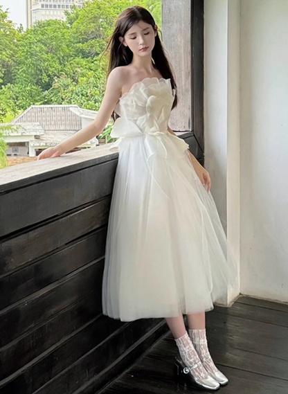 Luxurious 3D Floral Bodice Party Outfit Midi Dress Dreamy Tulle Cascade Strapless Prom Dress AP0836