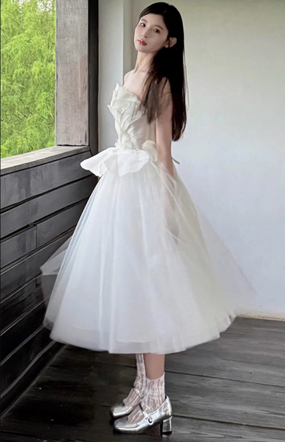 Luxurious 3D Floral Bodice Party Outfit Midi Dress Dreamy Tulle Cascade Strapless Prom Dress AP0836