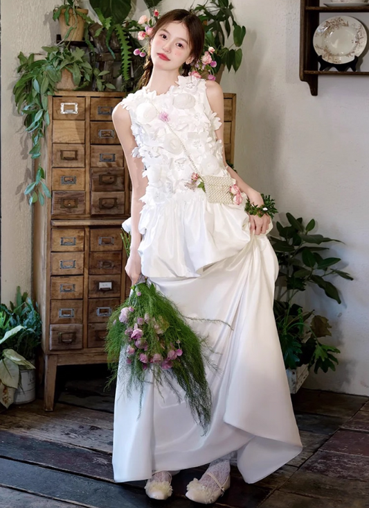 Niche Stereo Floral Bridal Maxi Dress Soft Fabric Cute Flowy Hem Wedding Dress AP0838