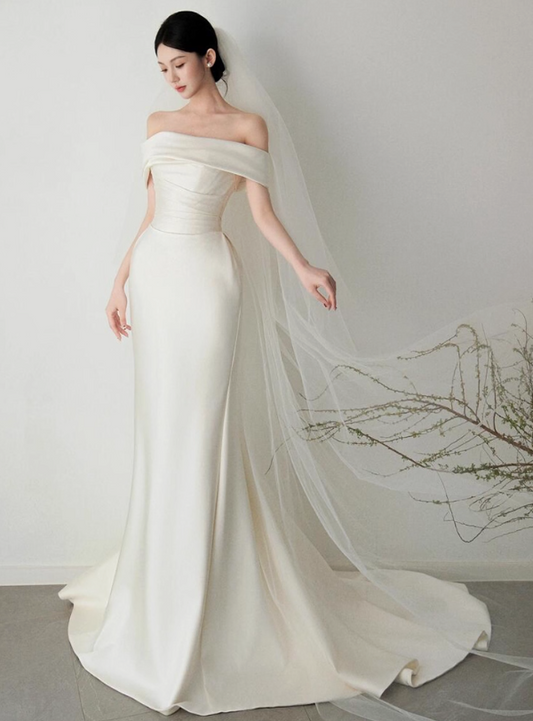 Good Quality Smooth Satin Fabric Minimalist Bridal Dress Off-Shoulder Strapless Prom Dress AP0843