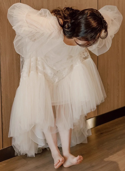 Dreamy Tulle Layered Flowy Hem Bridal Dress Romantic Mesh Short Sleeve Wedding Dress AP0844