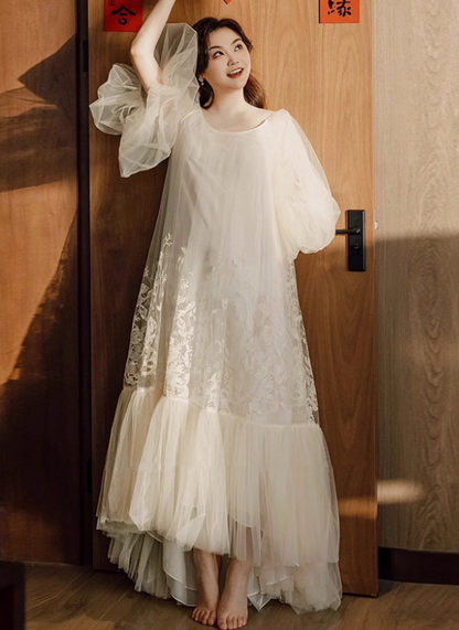 Dreamy Tulle Layered Flowy Hem Bridal Dress Romantic Mesh Short Sleeve Wedding Dress AP0844