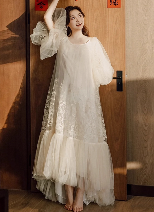 Dreamy Tulle Layered Flowy Hem Bridal Dress Romantic Mesh Short Sleeve Wedding Dress AP0844