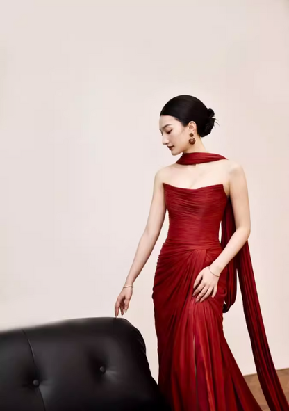 Exquisite High-Slit Satin Fabric Evening Dress Strapless Gathered Backless Prom Dress AP0845