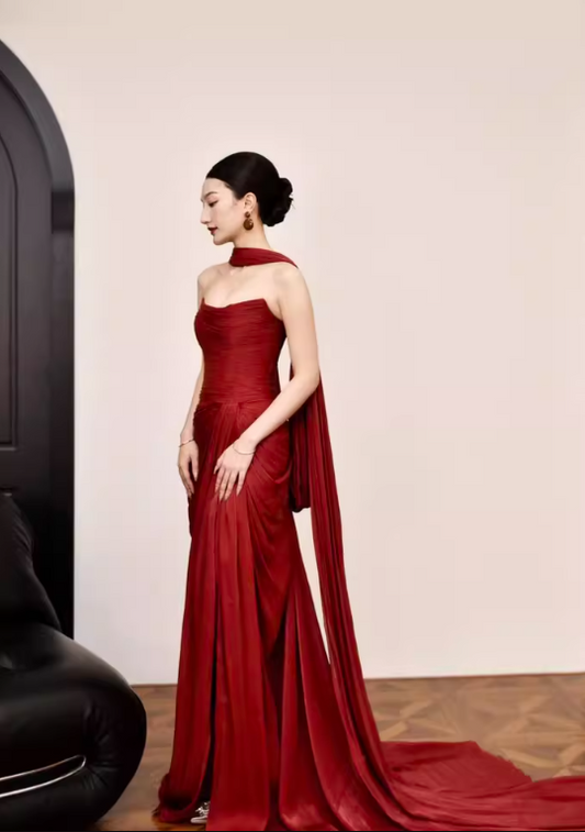 Exquisite High-Slit Satin Fabric Evening Dress Strapless Gathered Backless Prom Dress AP0845