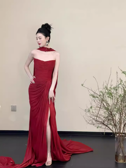 Exquisite High-Slit Satin Fabric Evening Dress Strapless Gathered Backless Prom Dress AP0845