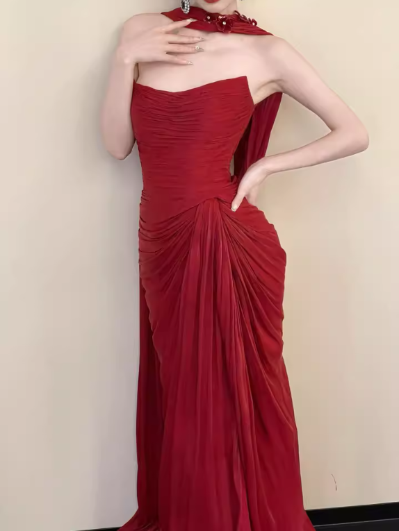 Exquisite High-Slit Satin Fabric Evening Dress Strapless Gathered Backless Prom Dress AP0845