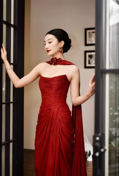 Exquisite High-Slit Satin Fabric Evening Dress Strapless Gathered Backless Prom Dress AP0845