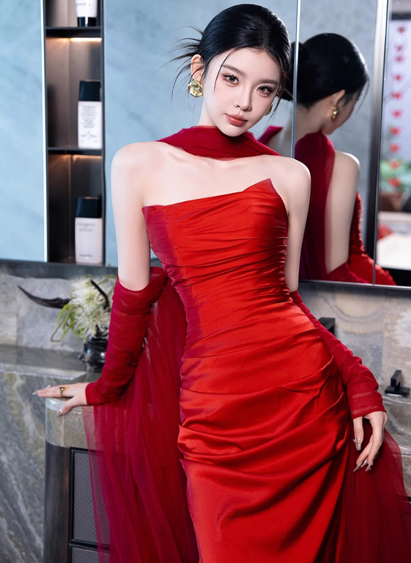 Novelty Strapless Satin Fabric Evening Dress Mesh Trimmed Sleeve Bodycon Prom Dress AP0847